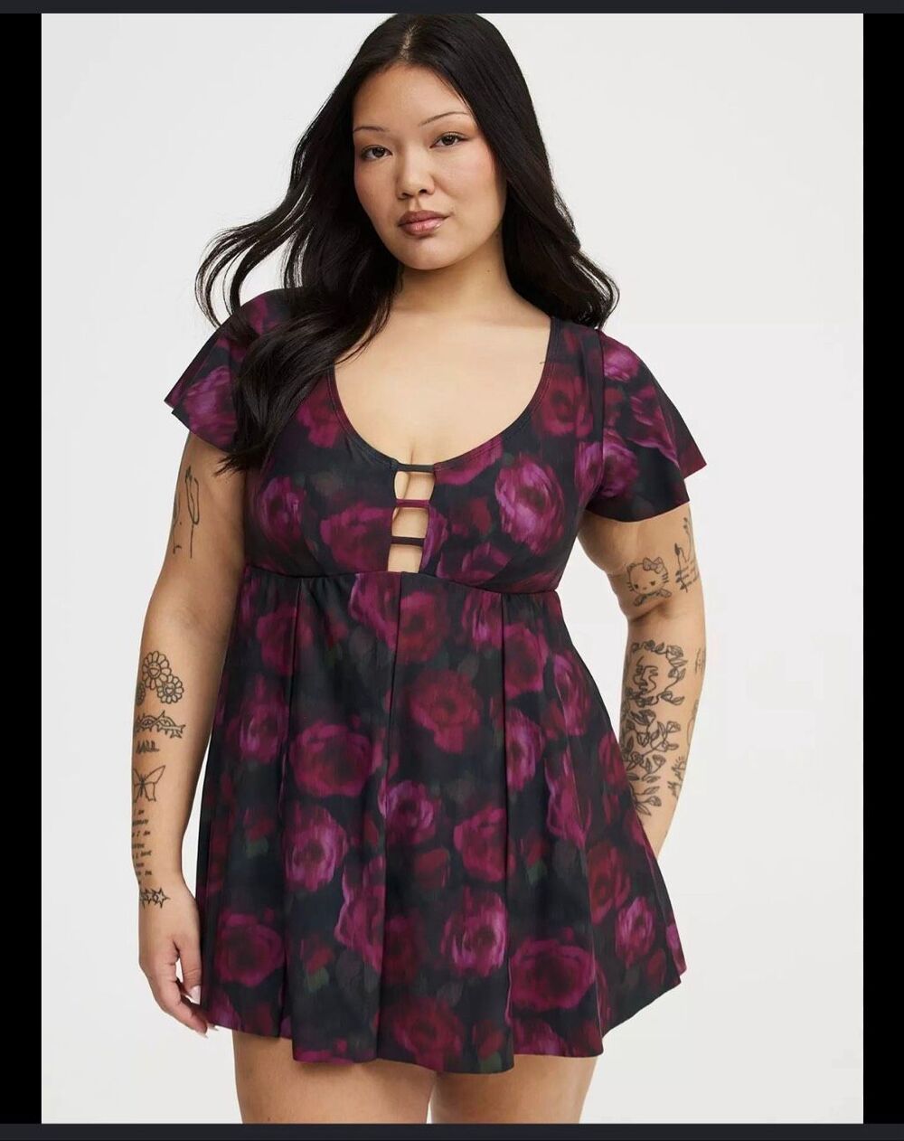 Plus size 1,1xl 14/16 sexy lattice front black swim dress bathing suit roses